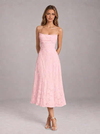 Blush Pink A-Line/Princess Spaghetti Strap Sleeveless Floral Lace Tea-Length Bridesmaid Dress