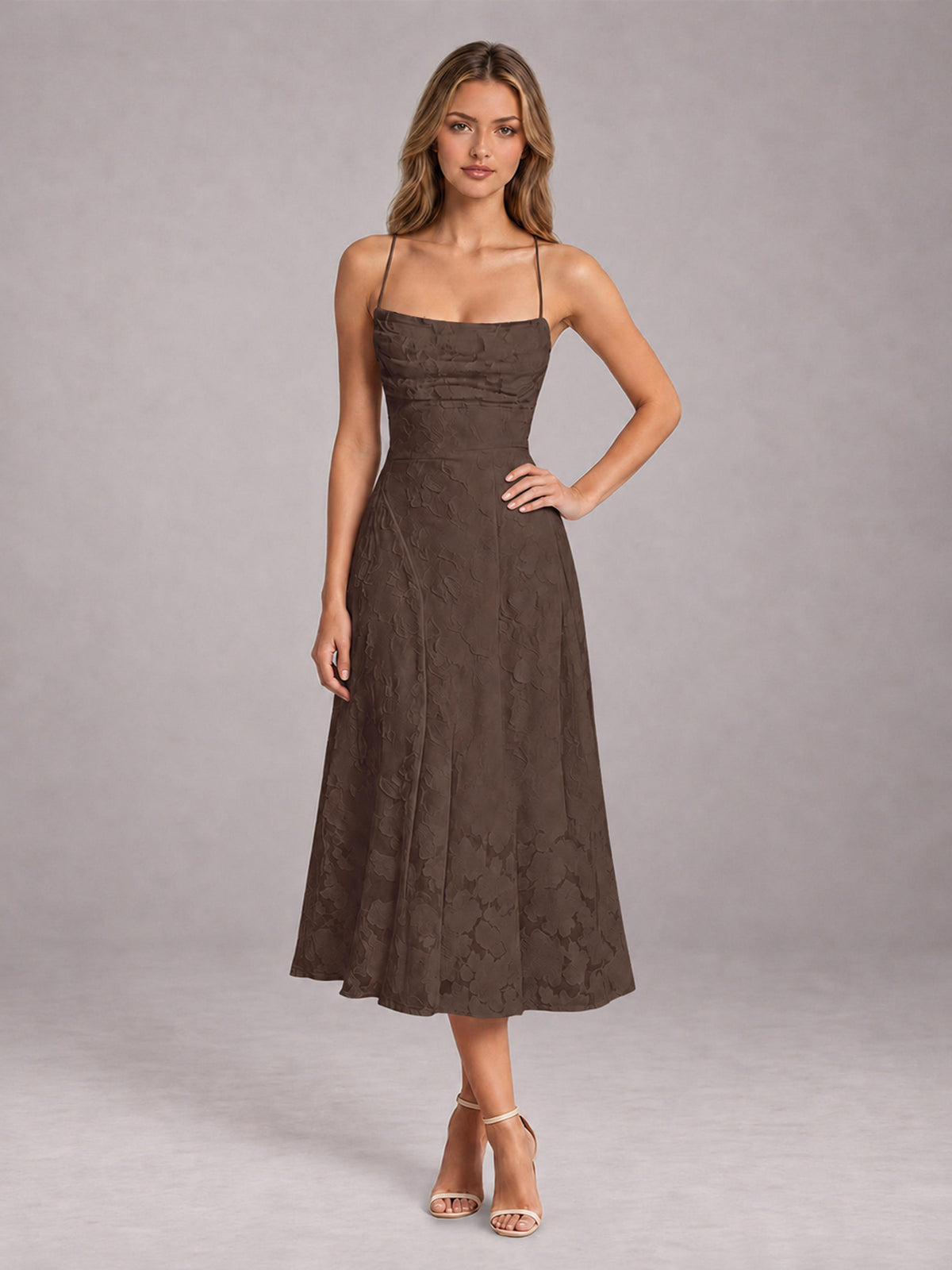 Brown A-Line/Princess Spaghetti Strap Sleeveless Floral Lace Tea-Length Bridesmaid Dress