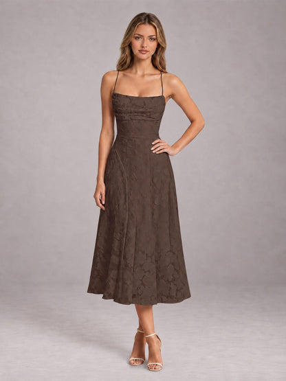 Brown A-Line/Princess Spaghetti Strap Sleeveless Floral Lace Tea-Length Bridesmaid Dress