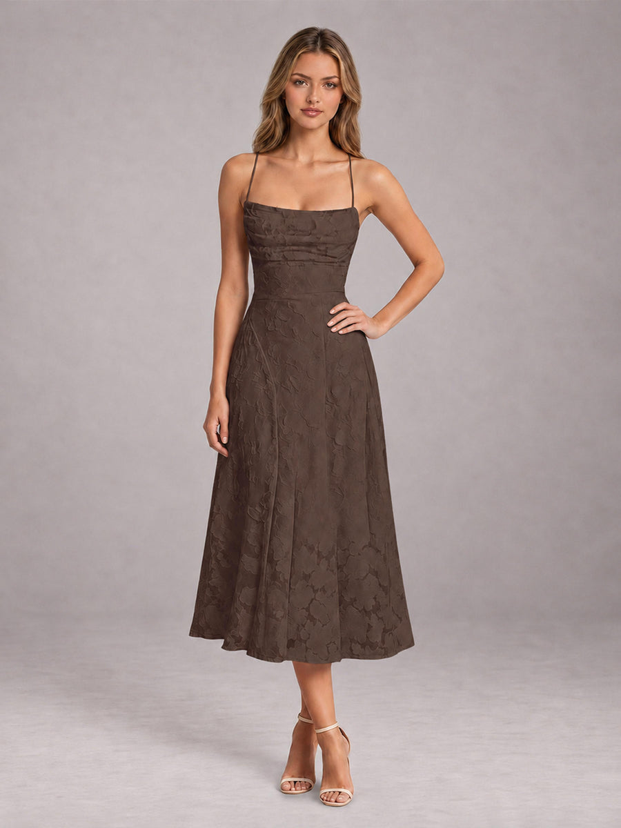 Brown A-Line/Princess Spaghetti Strap Sleeveless Floral Lace Tea-Length Bridesmaid Dress