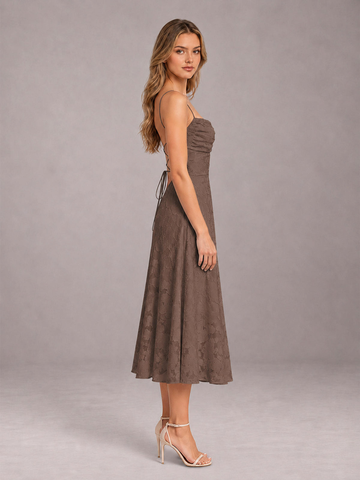 Brown A-Line/Princess Spaghetti Strap Sleeveless Floral Lace Tea-Length Bridesmaid Dress