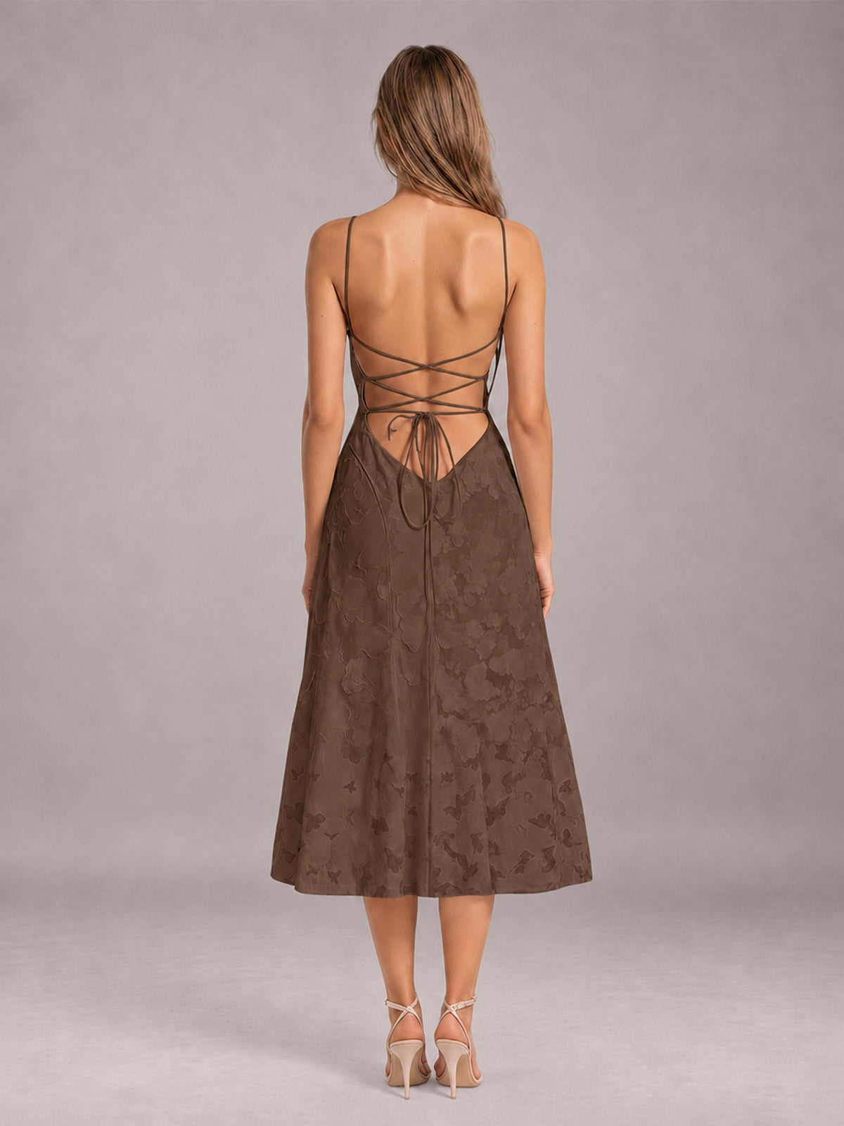 Brown A-Line/Princess Spaghetti Strap Sleeveless Floral Lace Tea-Length Bridesmaid Dress