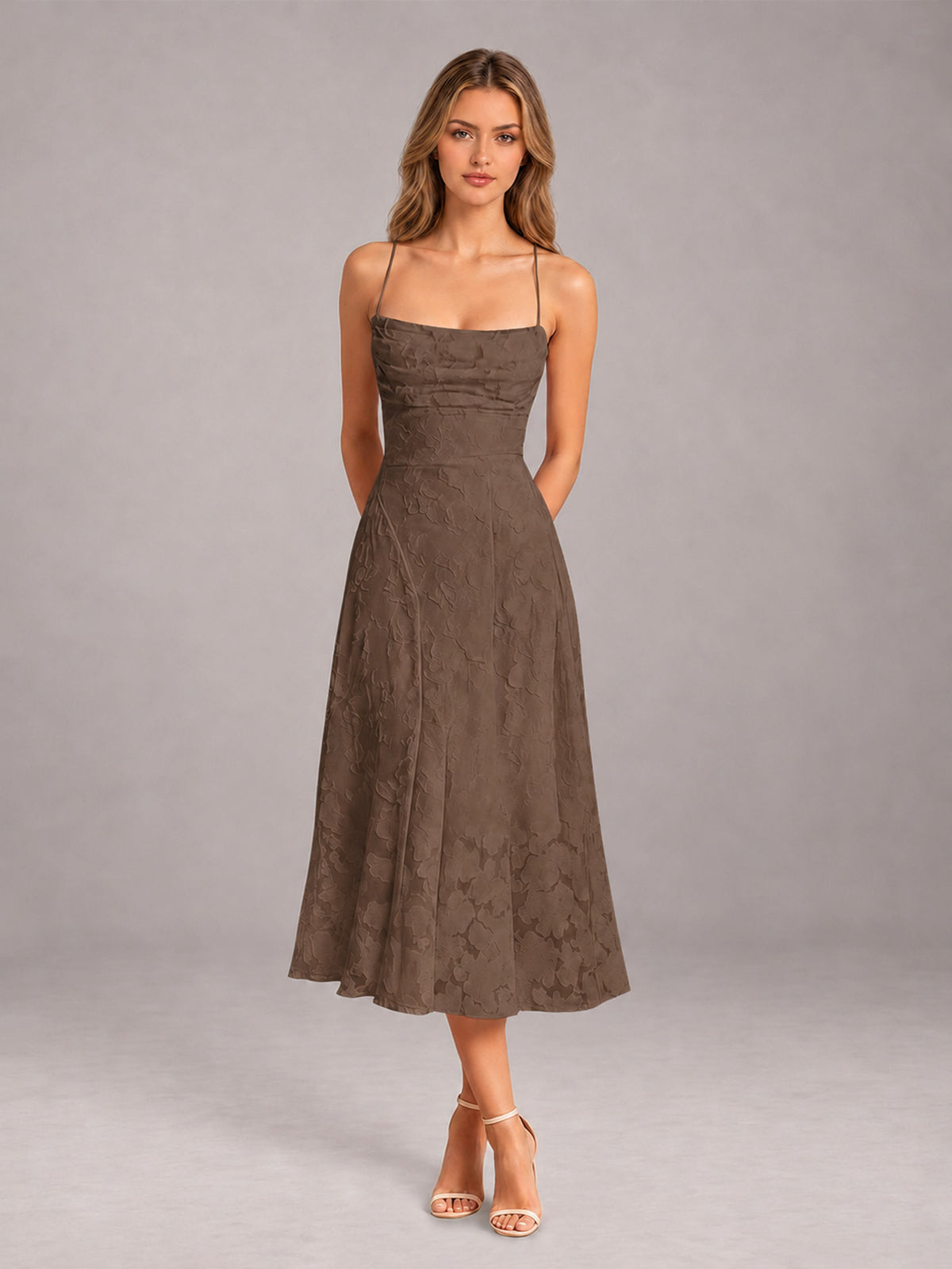 Brown A-Line/Princess Spaghetti Strap Sleeveless Floral Lace Tea-Length Bridesmaid Dress
