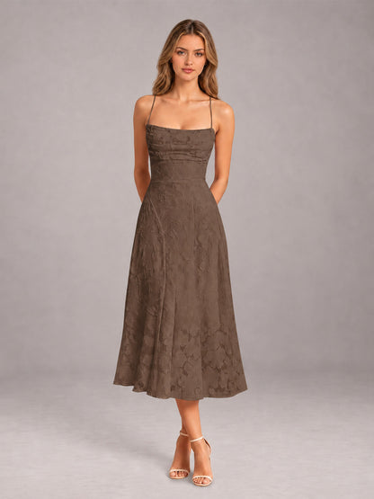Brown A-Line/Princess Spaghetti Strap Sleeveless Floral Lace Tea-Length Bridesmaid Dress