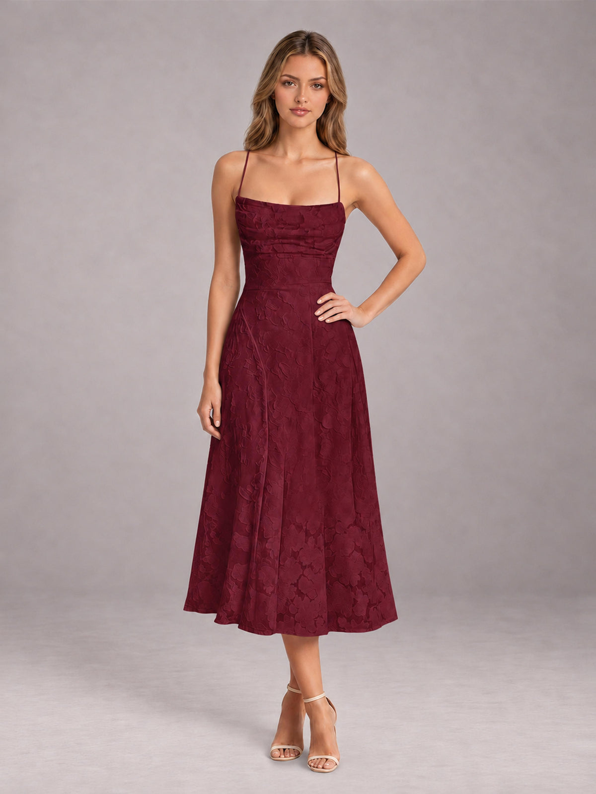 Burgundy A-Line/Princess Spaghetti Strap Sleeveless Floral Lace Tea-Length Bridesmaid Dress
