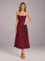 A-Line/Princess Spaghetti Strap Sleeveless Floral Lace Tea-Length Bridesmaid Dress