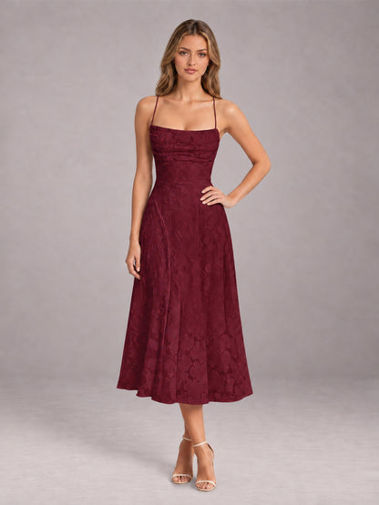 Burgundy A-Line/Princess Spaghetti Strap Sleeveless Floral Lace Tea-Length Bridesmaid Dress
