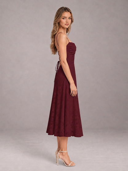 Burgundy A-Line/Princess Spaghetti Strap Sleeveless Floral Lace Tea-Length Bridesmaid Dress