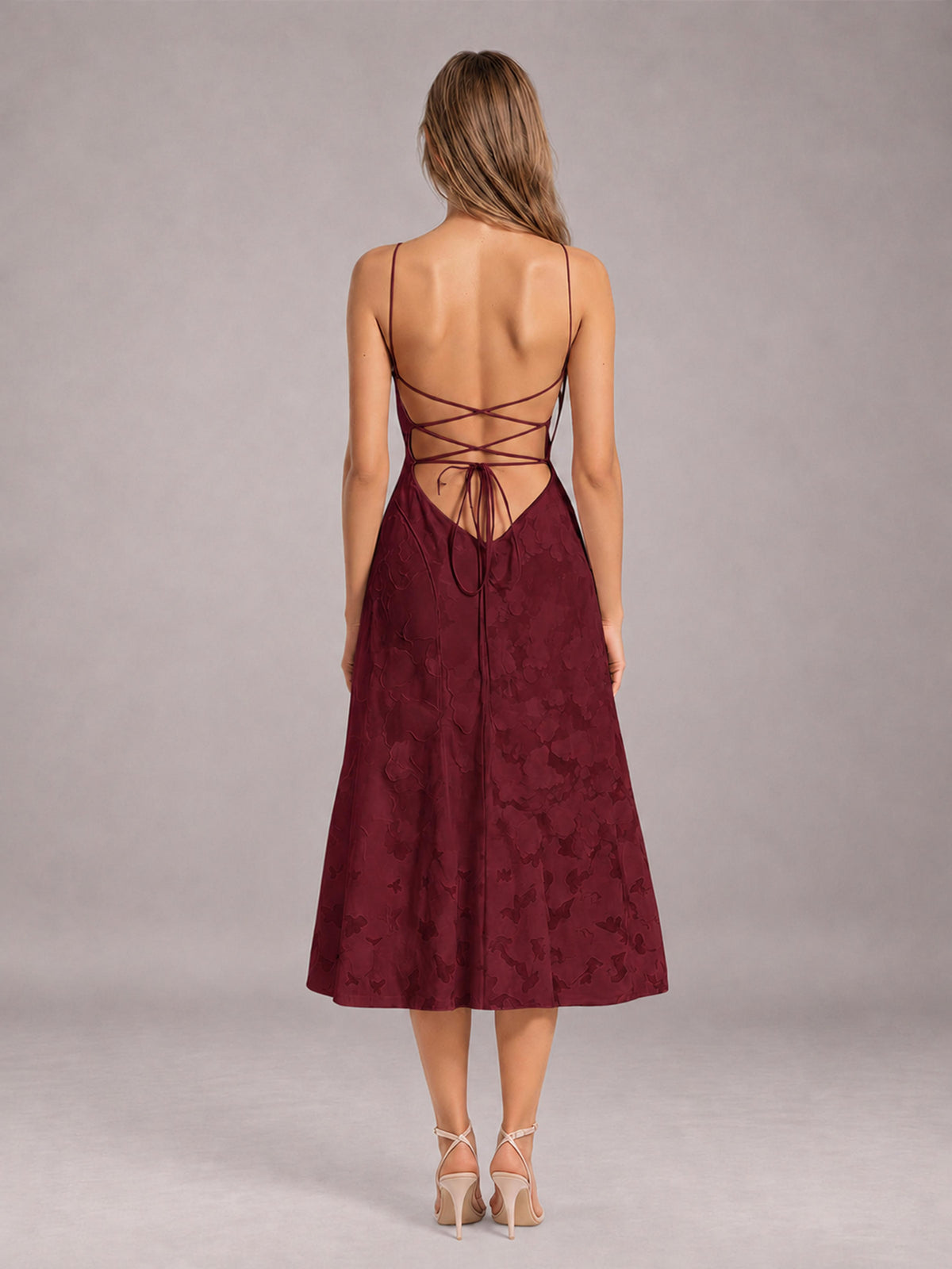 Burgundy A-Line/Princess Spaghetti Strap Sleeveless Floral Lace Tea-Length Bridesmaid Dress