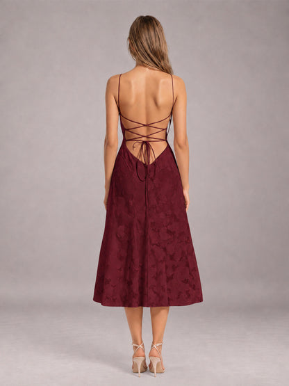Burgundy A-Line/Princess Spaghetti Strap Sleeveless Floral Lace Tea-Length Bridesmaid Dress