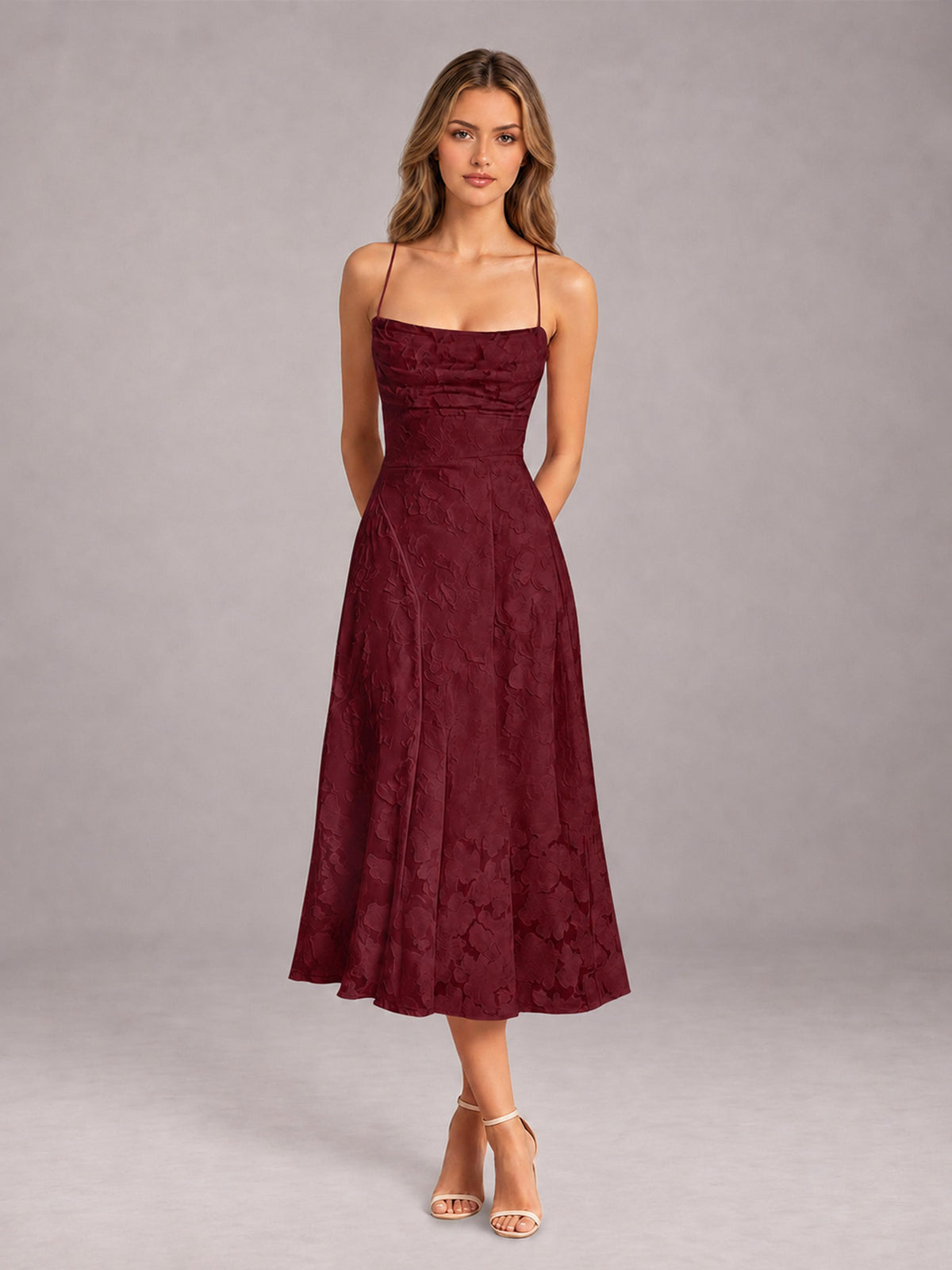 Burgundy A-Line/Princess Spaghetti Strap Sleeveless Floral Lace Tea-Length Bridesmaid Dress