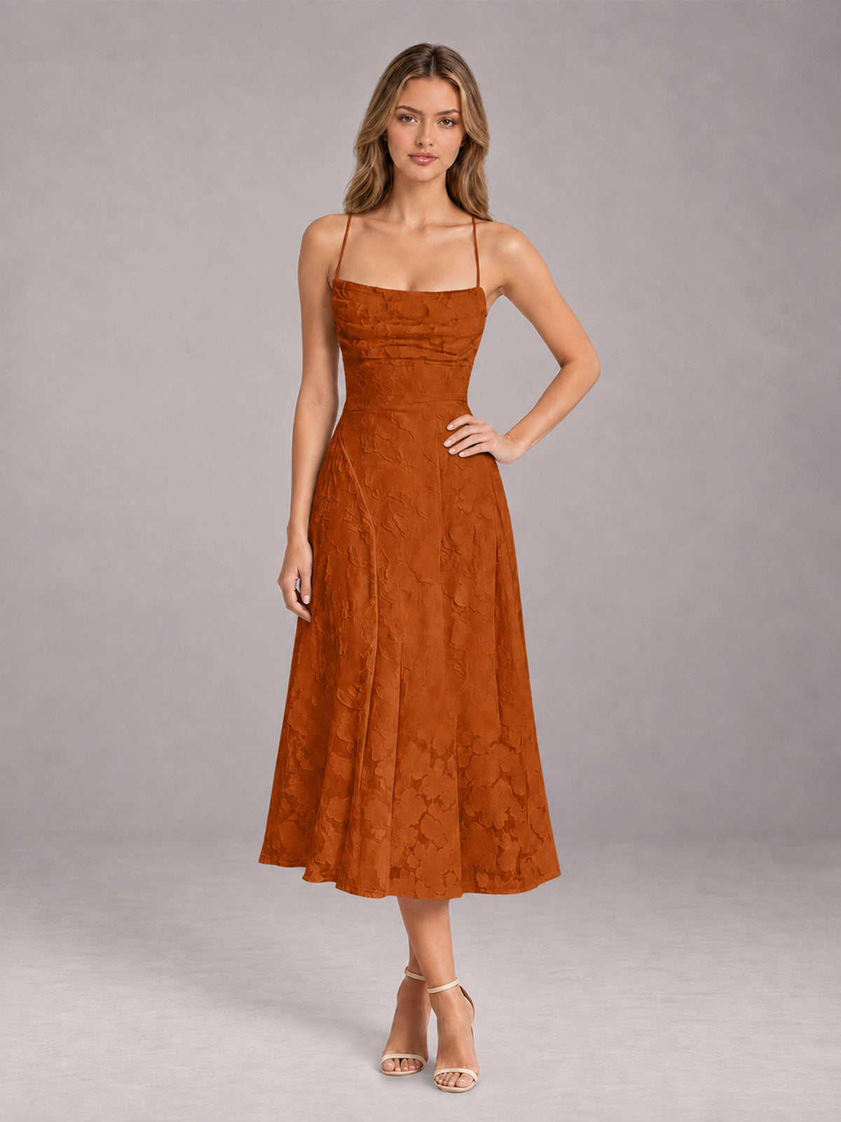 Burnt Orange A-Line/Princess Spaghetti Strap Sleeveless Floral Lace Tea-Length Bridesmaid Dress