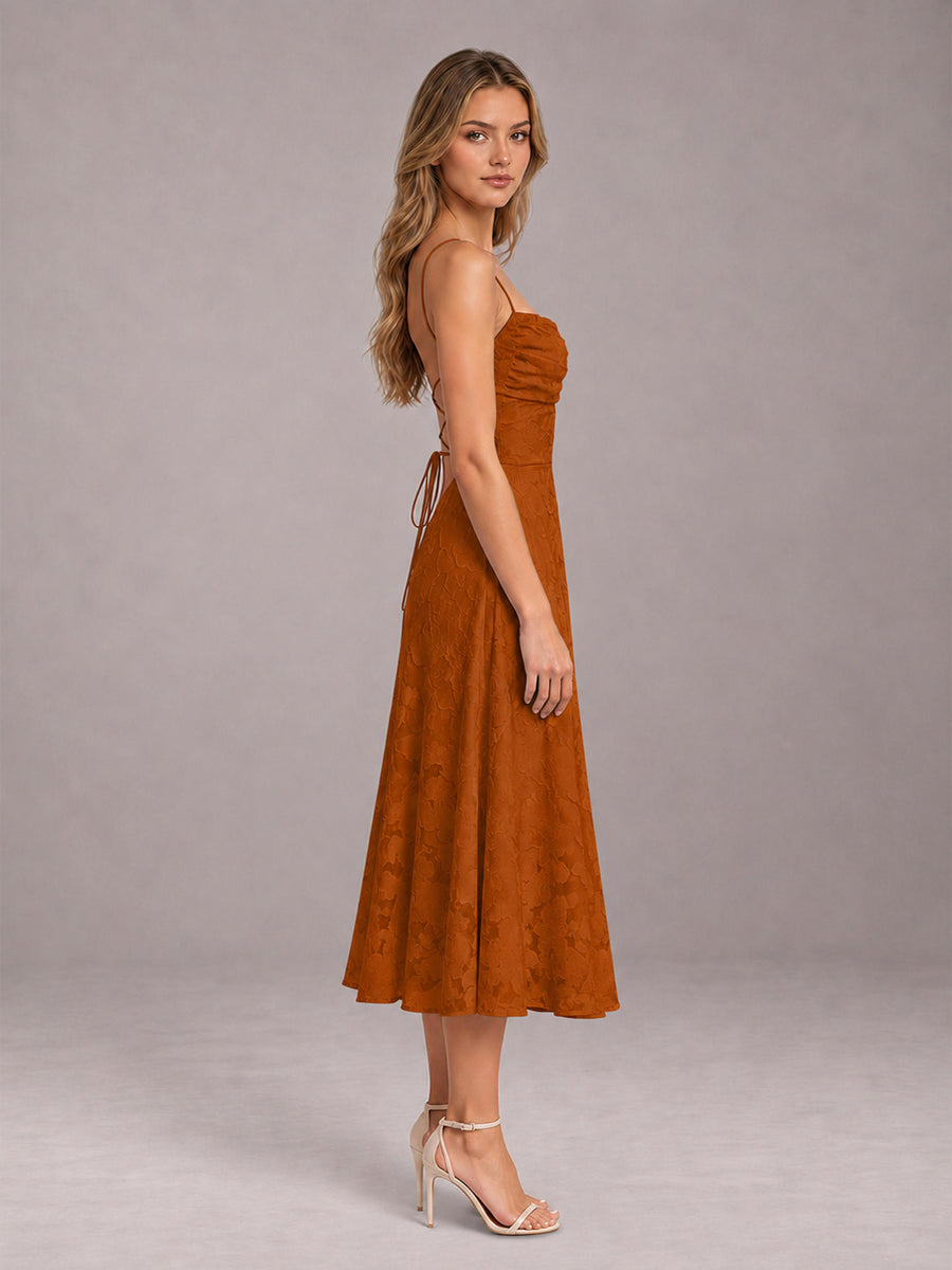 Burnt Orange A-Line/Princess Spaghetti Strap Sleeveless Floral Lace Tea-Length Bridesmaid Dress