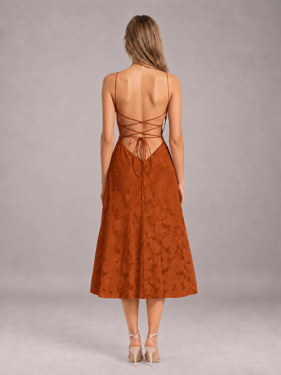 Burnt Orange A-Line/Princess Spaghetti Strap Sleeveless Floral Lace Tea-Length Bridesmaid Dress