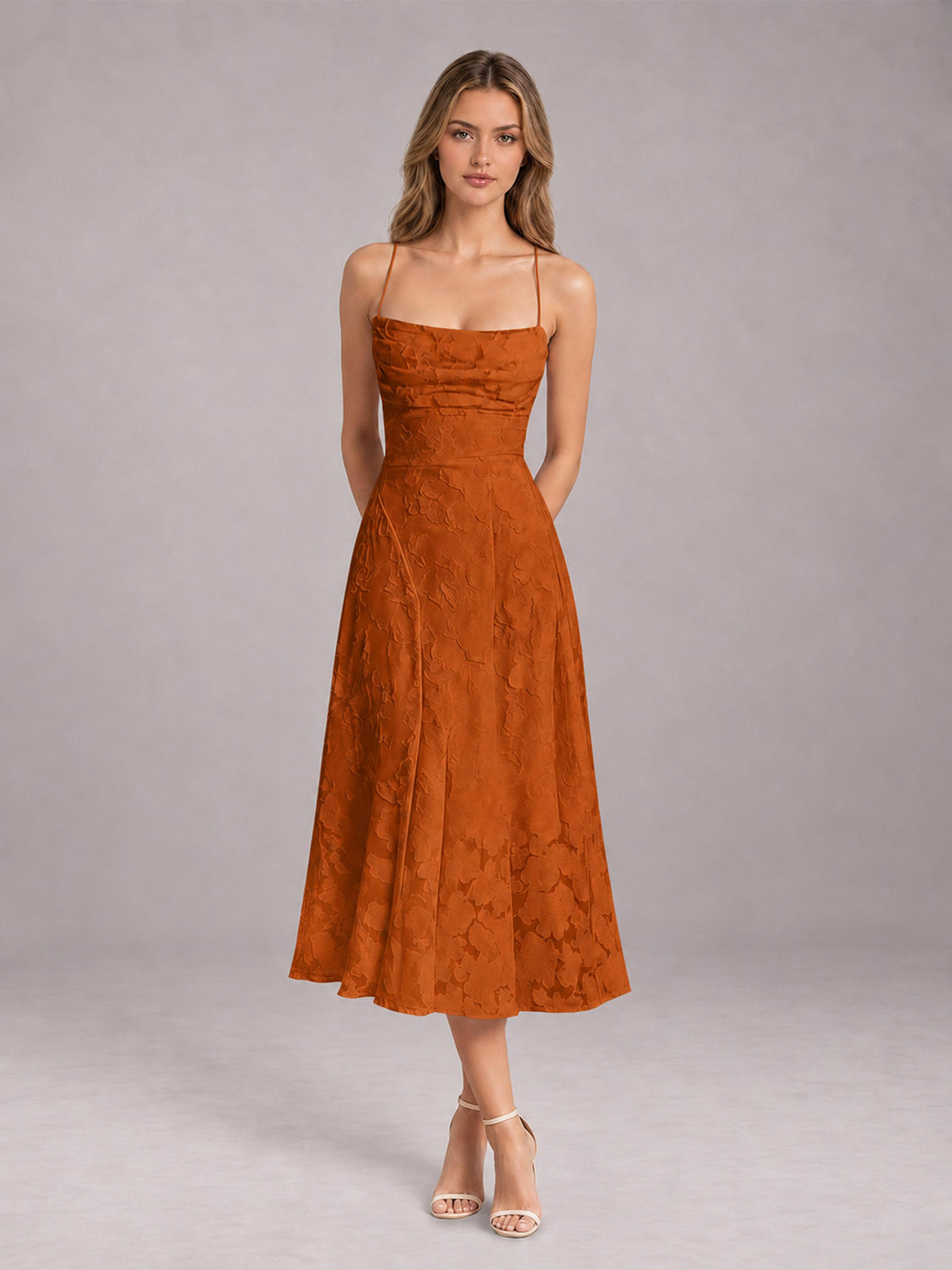 Burnt Orange A-Line/Princess Spaghetti Strap Sleeveless Floral Lace Tea-Length Bridesmaid Dress