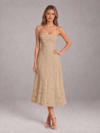 Champagne A-Line/Princess Spaghetti Strap Sleeveless Floral Lace Tea-Length Bridesmaid Dress