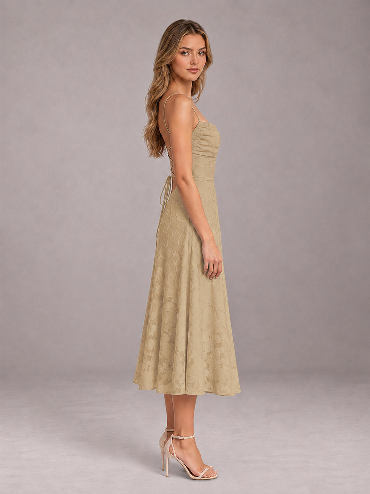 Champagne A-Line/Princess Spaghetti Strap Sleeveless Floral Lace Tea-Length Bridesmaid Dress