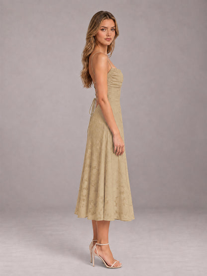 Champagne A-Line/Princess Spaghetti Strap Sleeveless Floral Lace Tea-Length Bridesmaid Dress