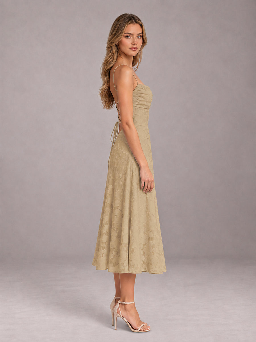 Champagne A-Line/Princess Spaghetti Strap Sleeveless Floral Lace Tea-Length Bridesmaid Dress
