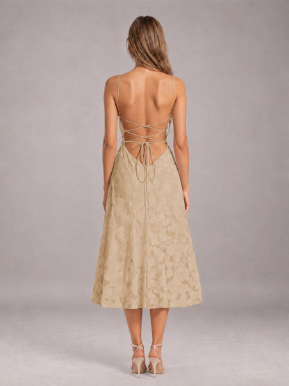 Champagne A-Line/Princess Spaghetti Strap Sleeveless Floral Lace Tea-Length Bridesmaid Dress