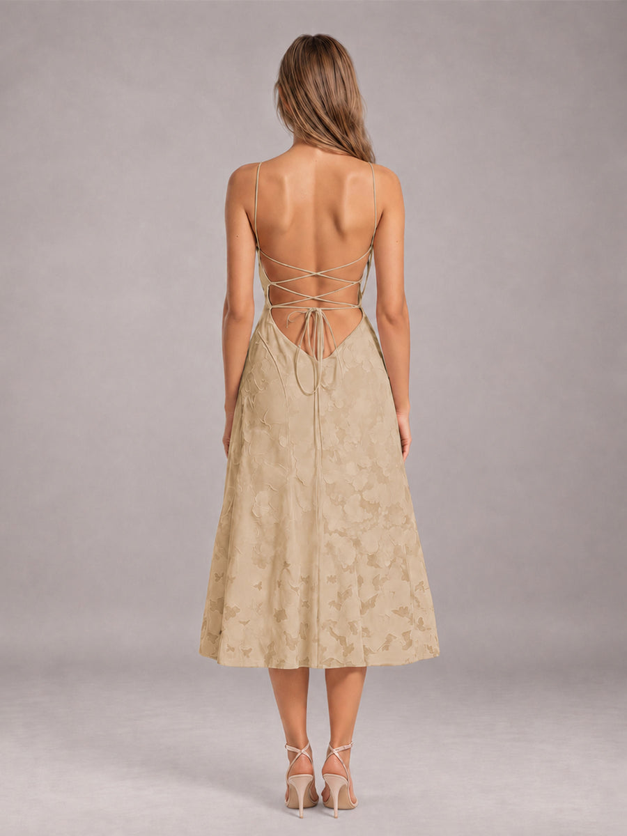 Champagne A-Line/Princess Spaghetti Strap Sleeveless Floral Lace Tea-Length Bridesmaid Dress