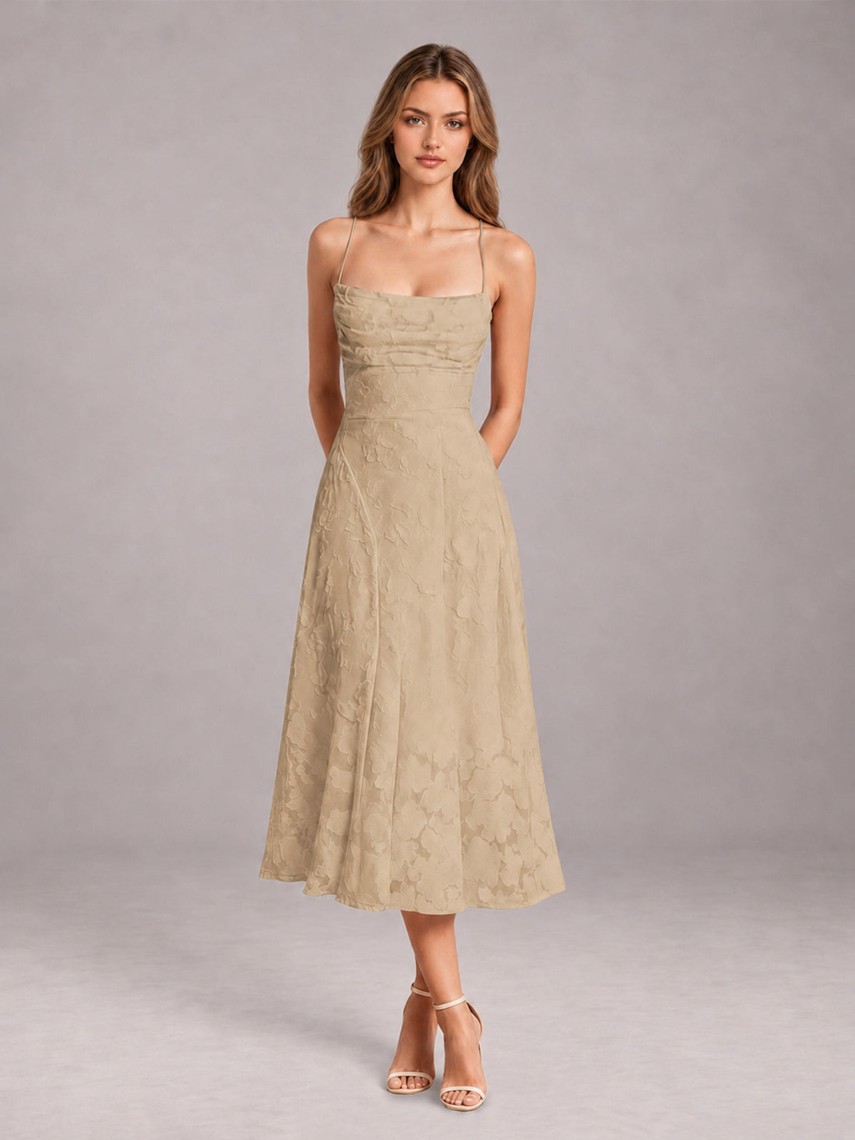 Champagne A-Line/Princess Spaghetti Strap Sleeveless Floral Lace Tea-Length Bridesmaid Dress