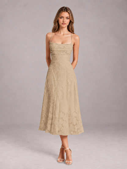 Champagne A-Line/Princess Spaghetti Strap Sleeveless Floral Lace Tea-Length Bridesmaid Dress