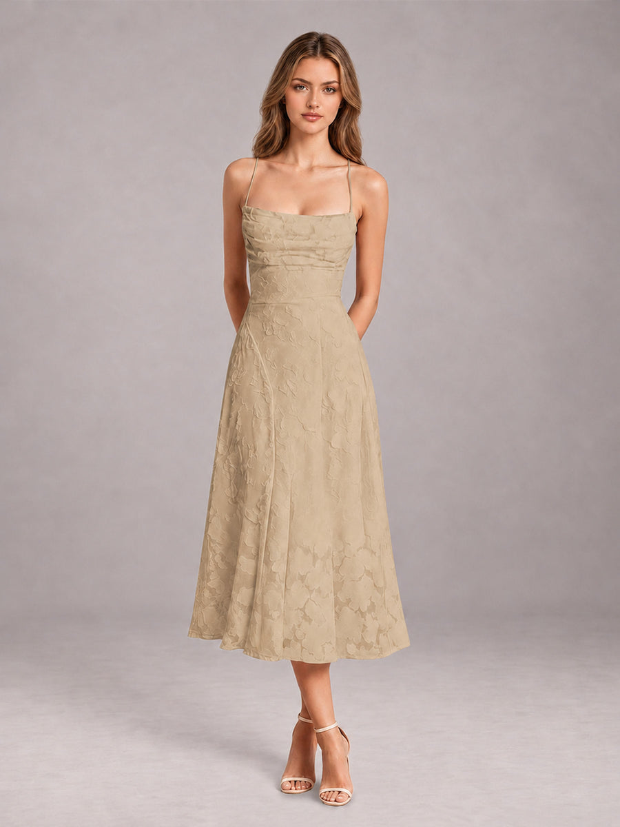 Champagne A-Line/Princess Spaghetti Strap Sleeveless Floral Lace Tea-Length Bridesmaid Dress