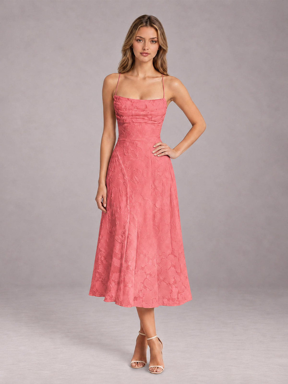 Coral A-Line/Princess Spaghetti Strap Sleeveless Floral Lace Tea-Length Bridesmaid Dress