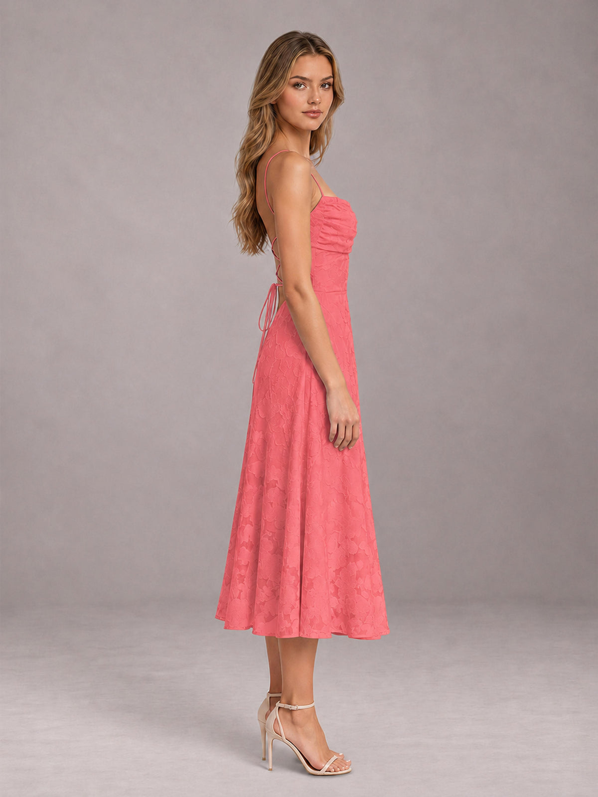 Coral A-Line/Princess Spaghetti Strap Sleeveless Floral Lace Tea-Length Bridesmaid Dress