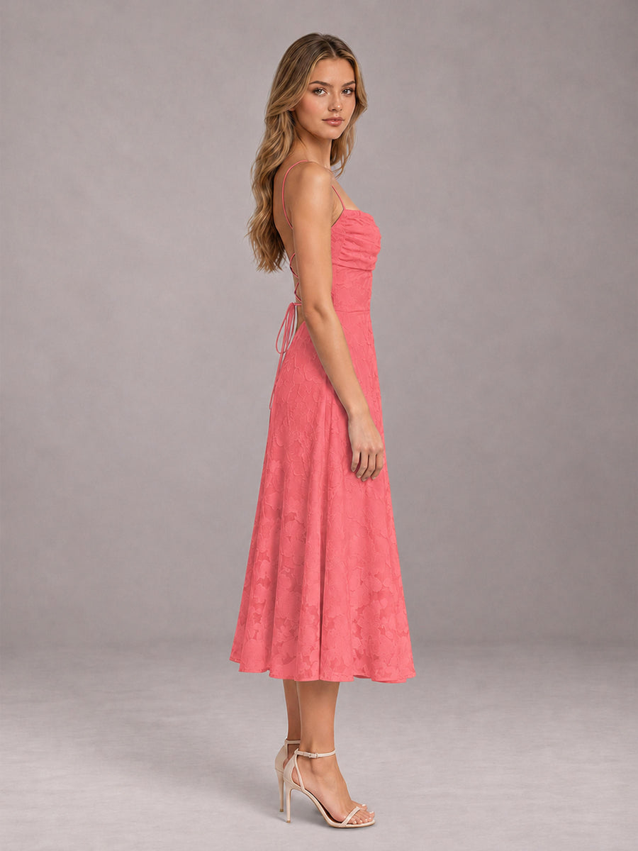 Coral A-Line/Princess Spaghetti Strap Sleeveless Floral Lace Tea-Length Bridesmaid Dress