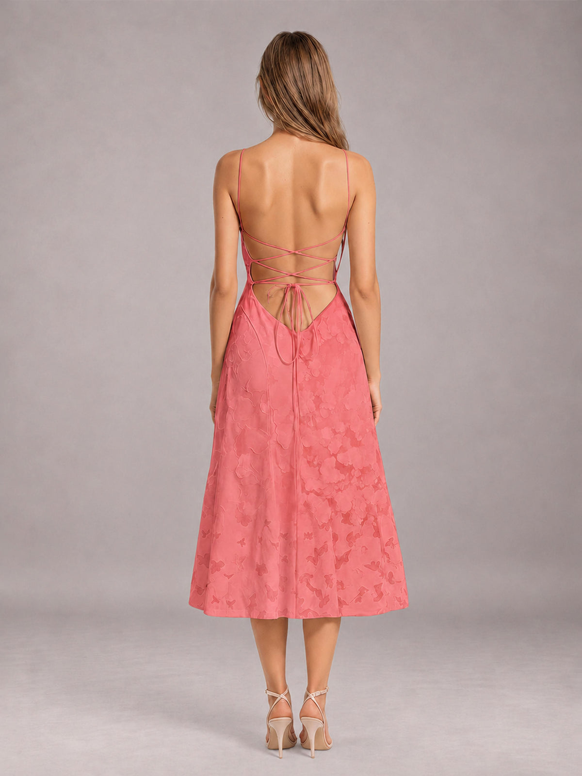 Coral A-Line/Princess Spaghetti Strap Sleeveless Floral Lace Tea-Length Bridesmaid Dress