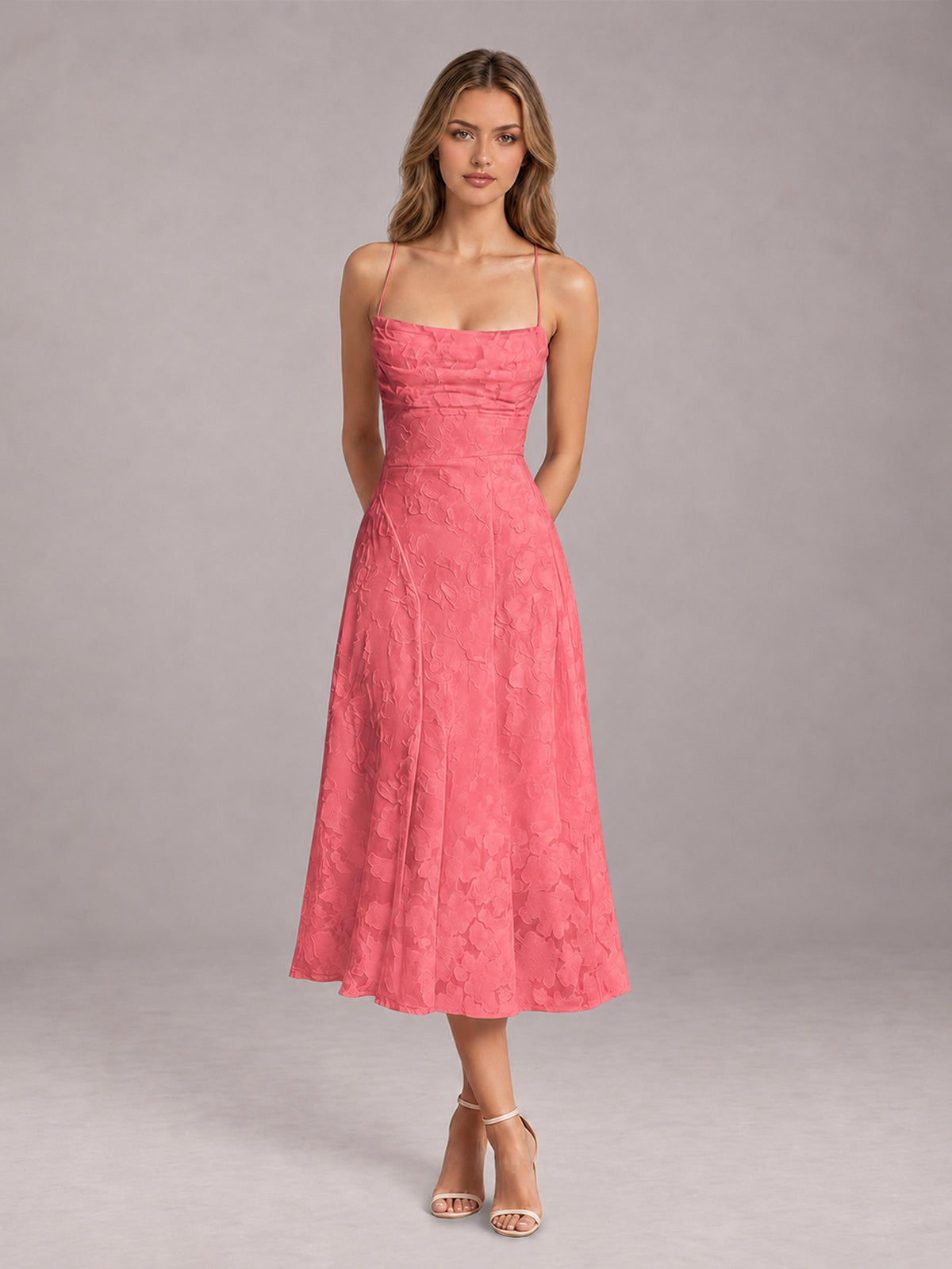 Coral A-Line/Princess Spaghetti Strap Sleeveless Floral Lace Tea-Length Bridesmaid Dress