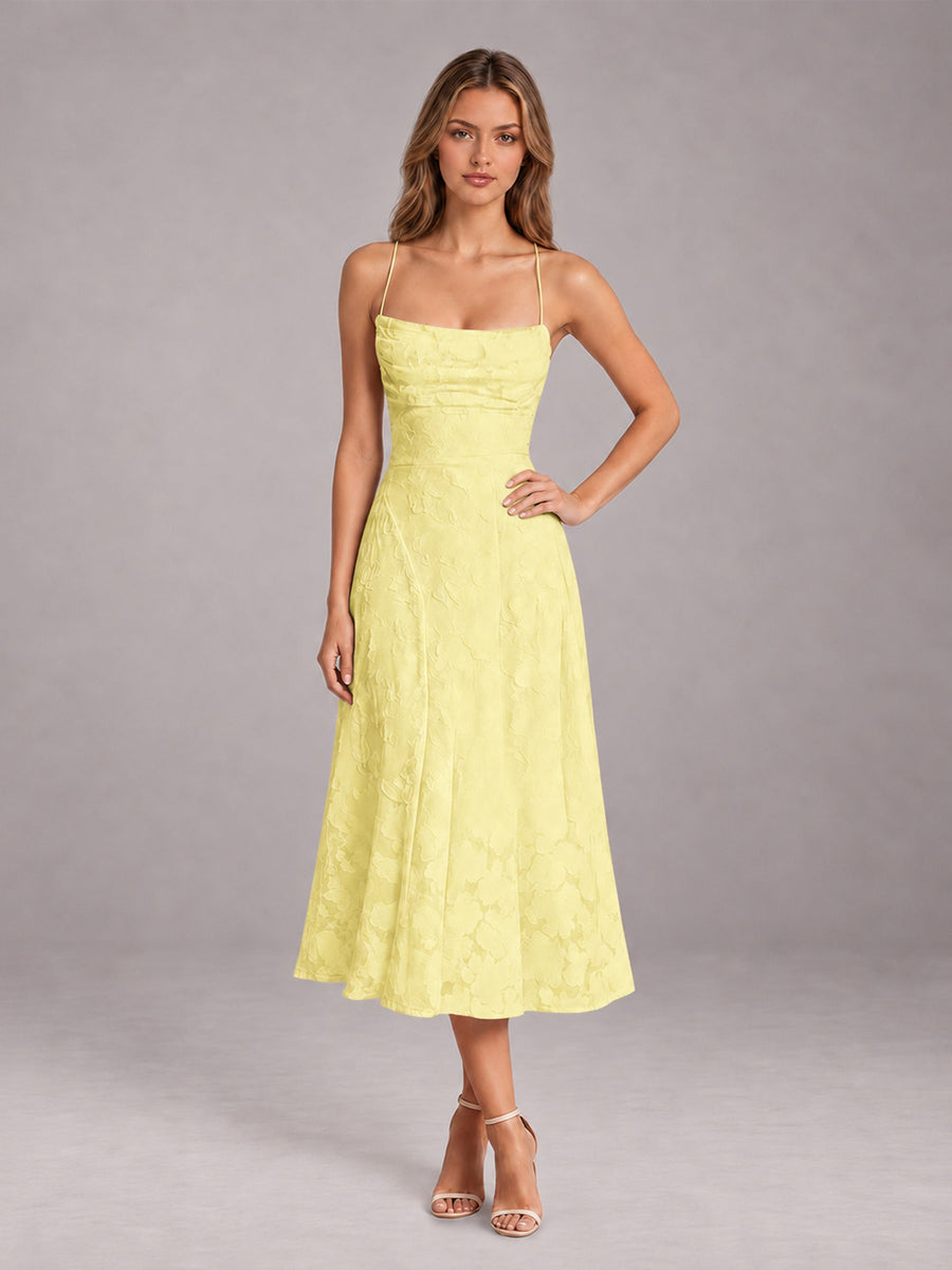 Daffodil A-Line/Princess Spaghetti Strap Sleeveless Floral Lace Tea-Length Bridesmaid Dress