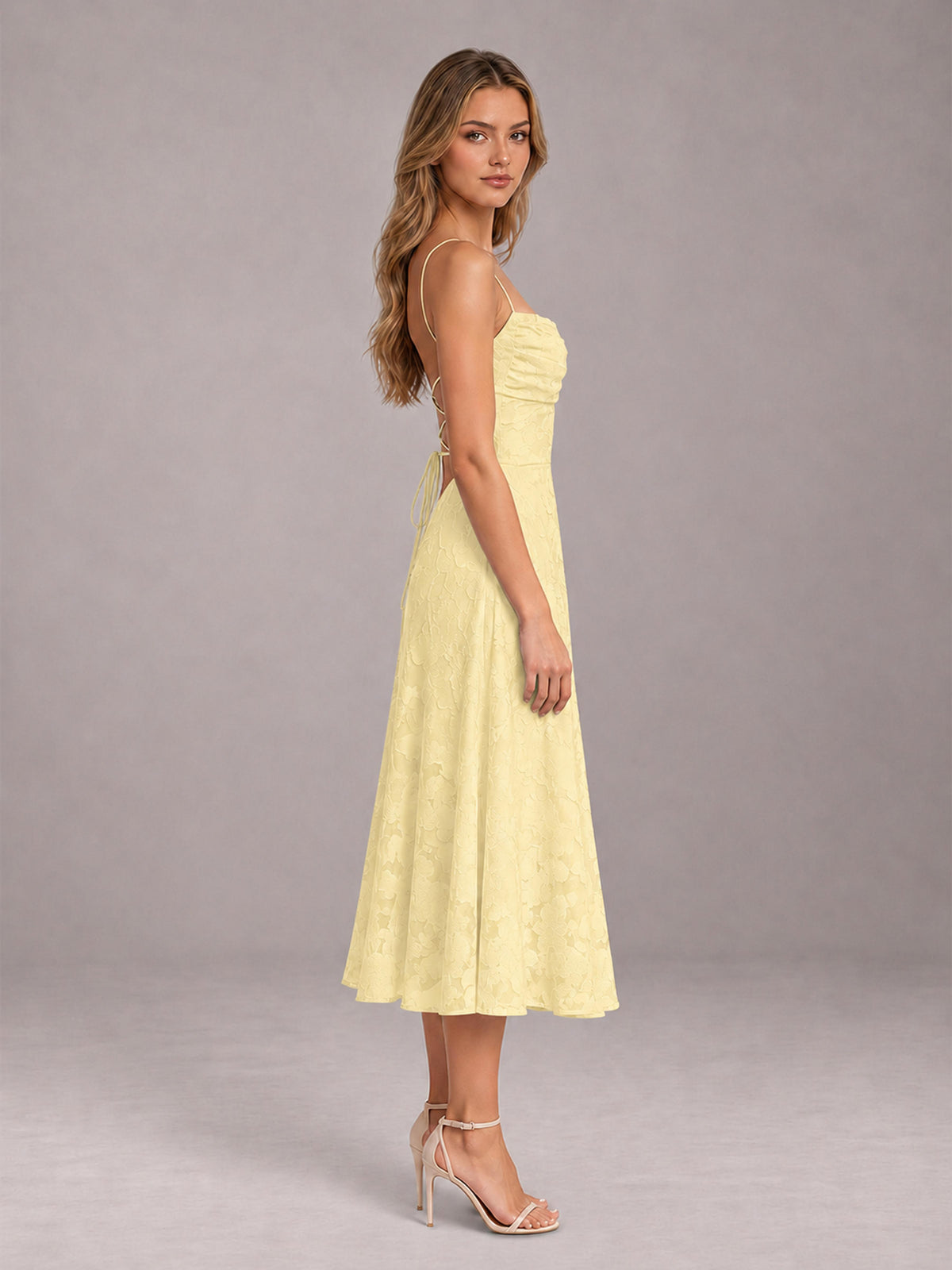 Daffodil A-Line/Princess Spaghetti Strap Sleeveless Floral Lace Tea-Length Bridesmaid Dress