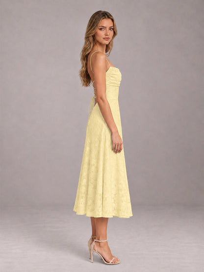 Daffodil A-Line/Princess Spaghetti Strap Sleeveless Floral Lace Tea-Length Bridesmaid Dress