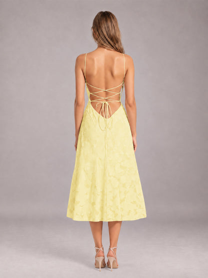 Daffodil A-Line/Princess Spaghetti Strap Sleeveless Floral Lace Tea-Length Bridesmaid Dress