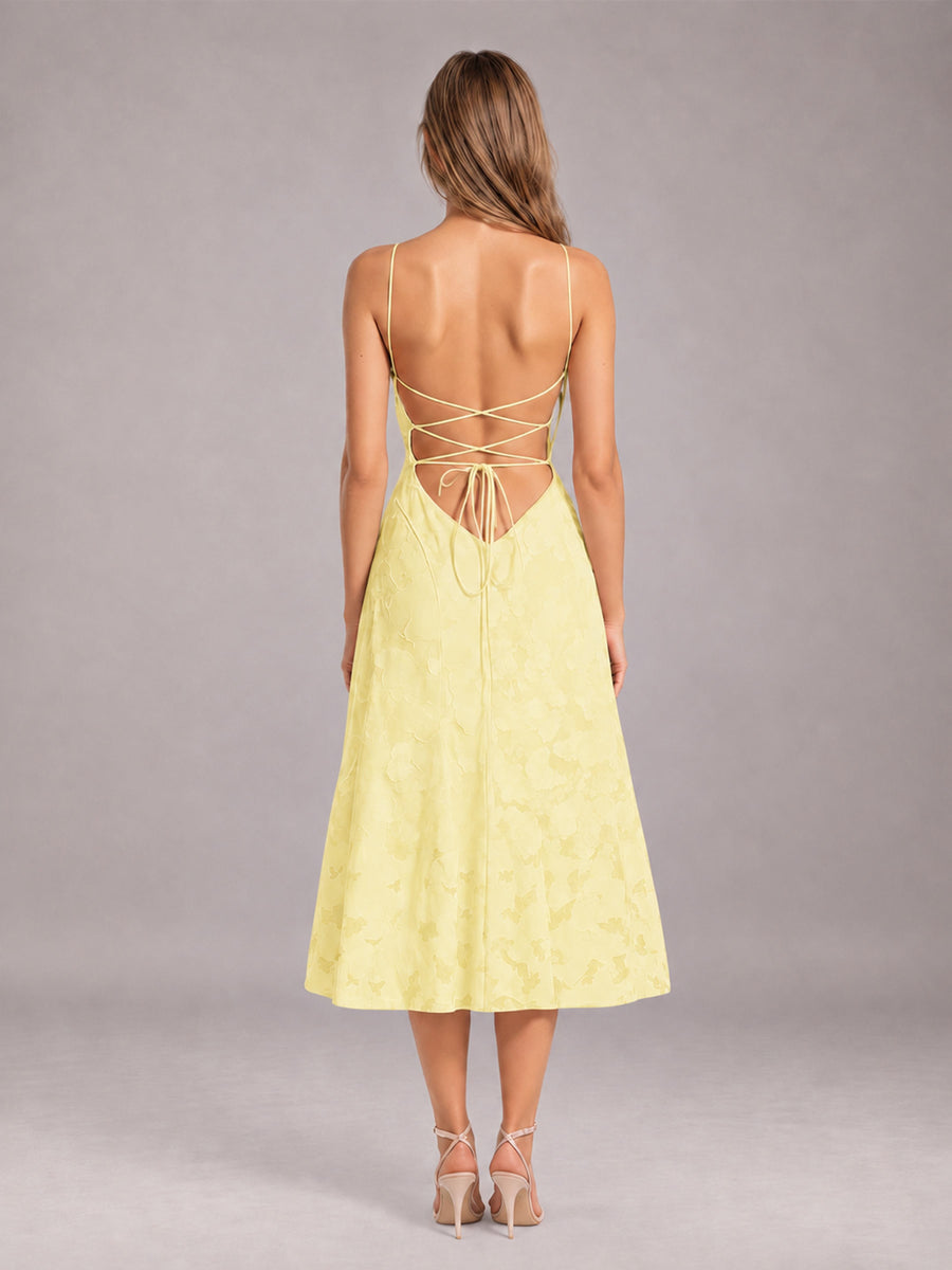 Daffodil A-Line/Princess Spaghetti Strap Sleeveless Floral Lace Tea-Length Bridesmaid Dress