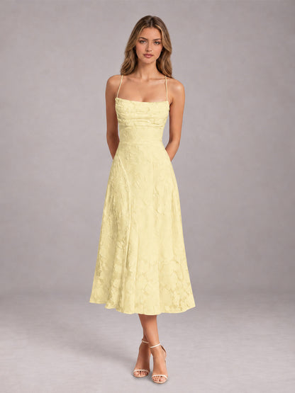 Daffodil A-Line/Princess Spaghetti Strap Sleeveless Floral Lace Tea-Length Bridesmaid Dress