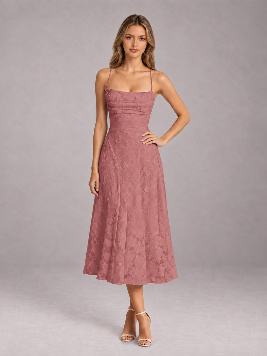 Dark Rose A-Line/Princess Spaghetti Strap Sleeveless Floral Lace Tea-Length Bridesmaid Dress