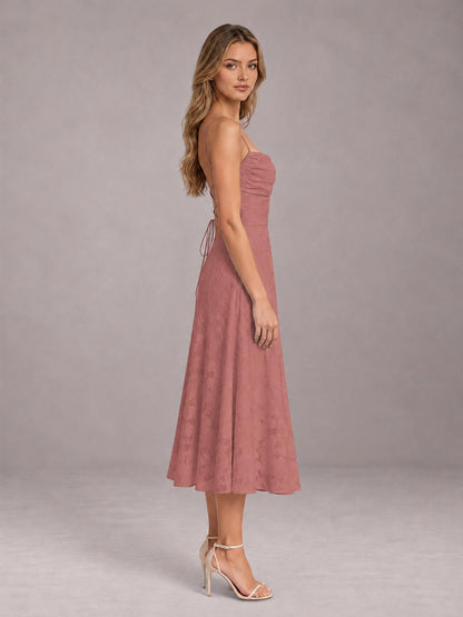 Dark Rose A-Line/Princess Spaghetti Strap Sleeveless Floral Lace Tea-Length Bridesmaid Dress