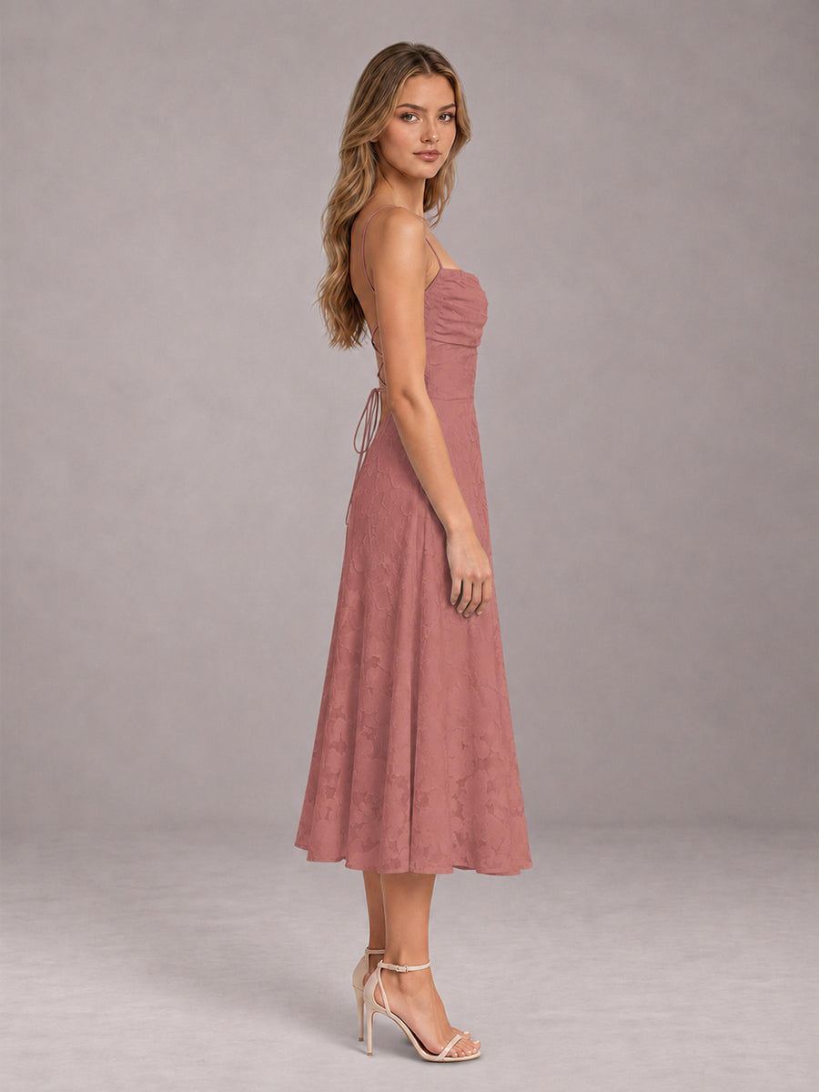 Dark Rose A-Line/Princess Spaghetti Strap Sleeveless Floral Lace Tea-Length Bridesmaid Dress