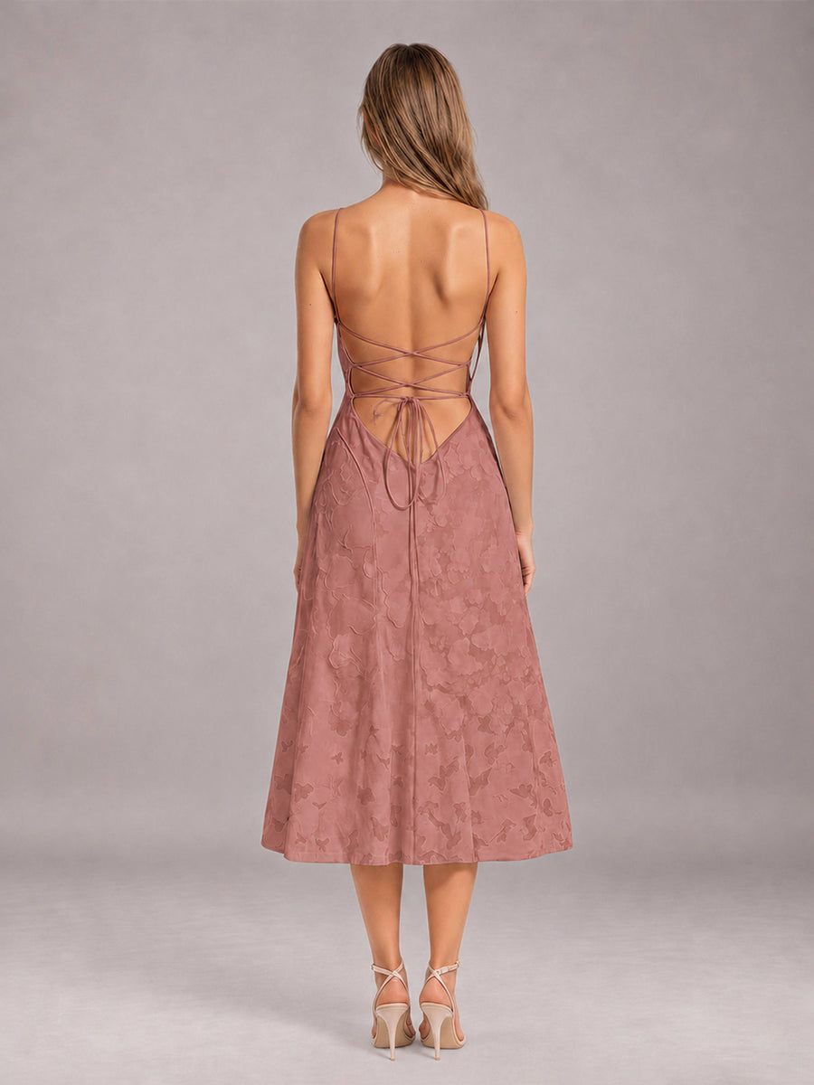 Dark Rose A-Line/Princess Spaghetti Strap Sleeveless Floral Lace Tea-Length Bridesmaid Dress