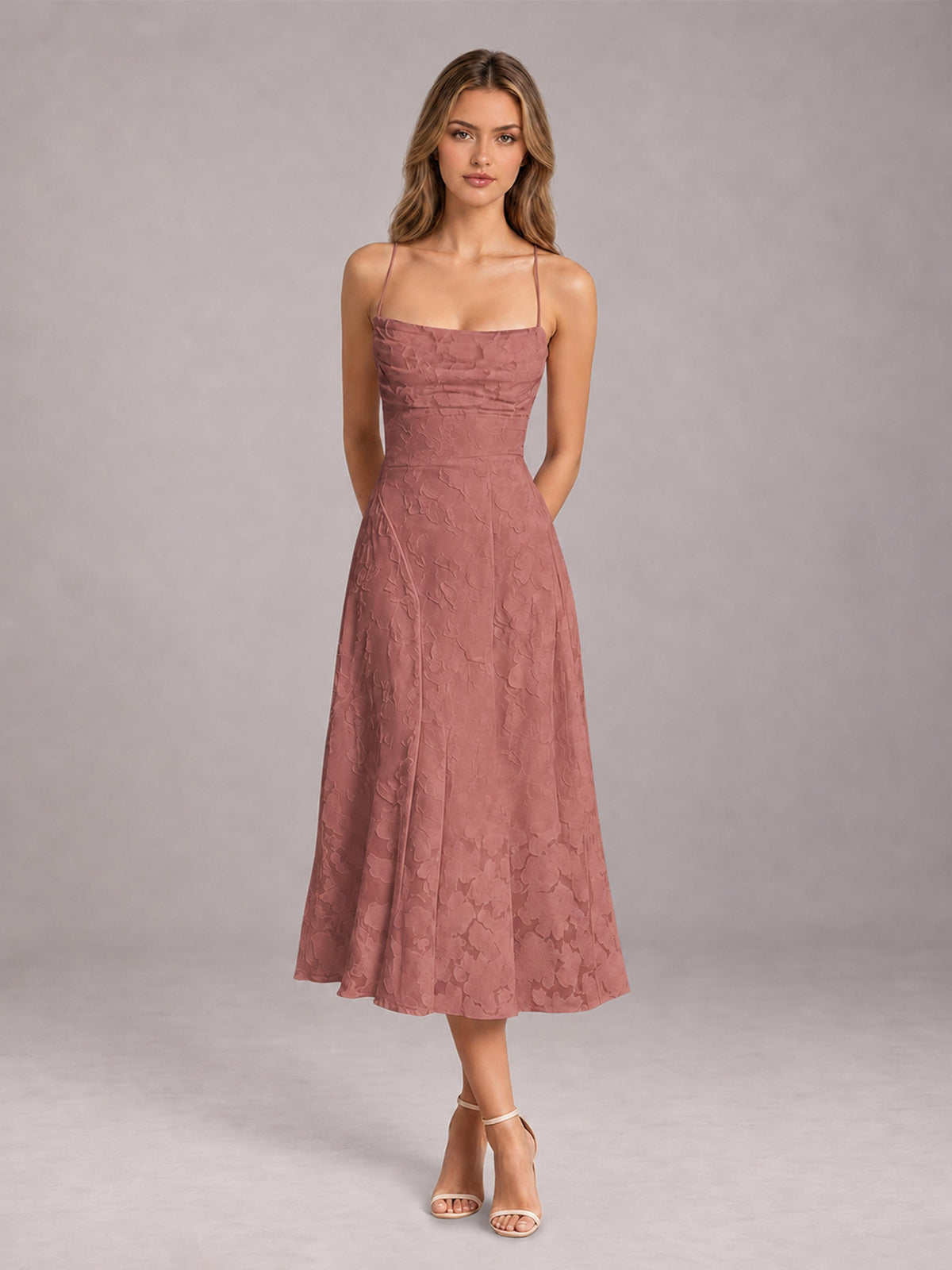 Dark Rose A-Line/Princess Spaghetti Strap Sleeveless Floral Lace Tea-Length Bridesmaid Dress