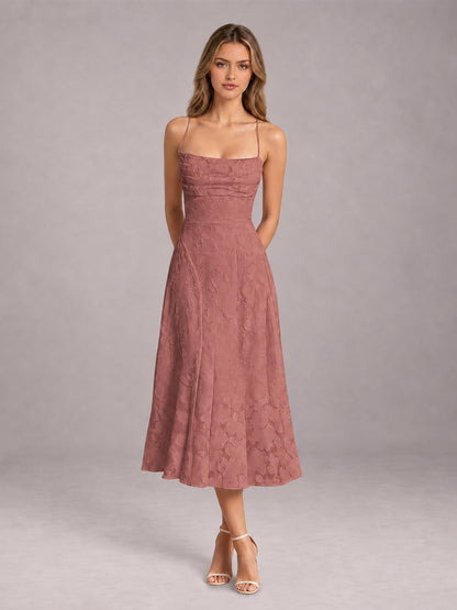 Dark Rose A-Line/Princess Spaghetti Strap Sleeveless Floral Lace Tea-Length Bridesmaid Dress