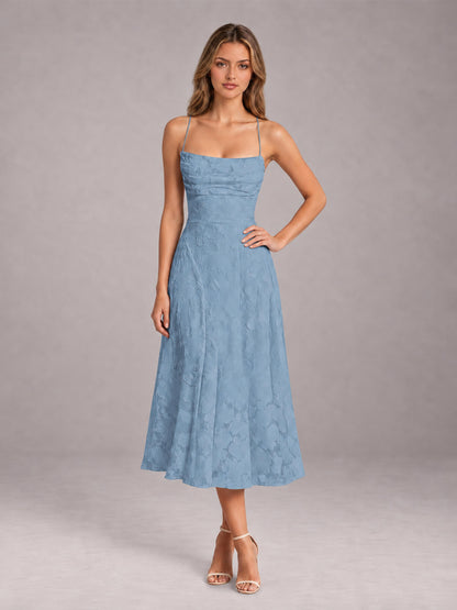 Dusty Blue A-Line/Princess Spaghetti Strap Sleeveless Floral Lace Tea-Length Bridesmaid Dress
