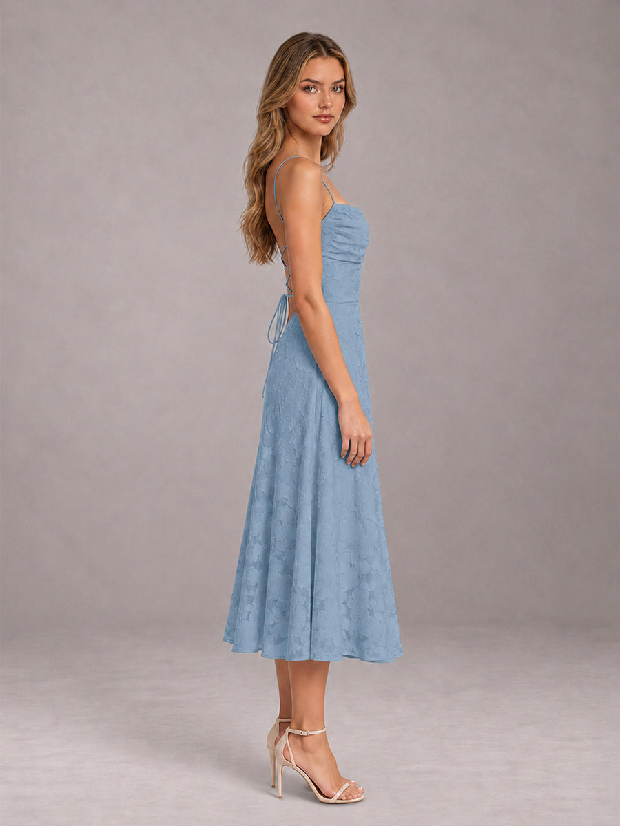 Dusty Blue A-Line/Princess Spaghetti Strap Sleeveless Floral Lace Tea-Length Bridesmaid Dress