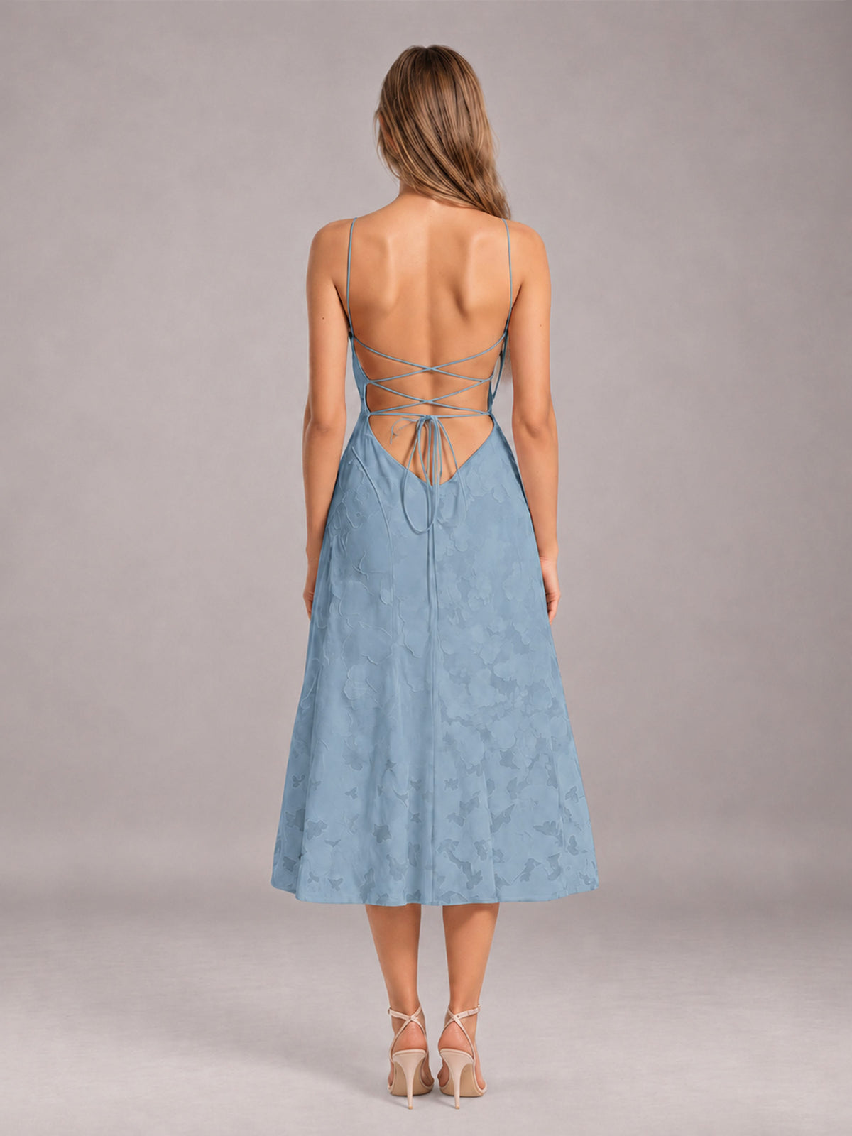 Dusty Blue A-Line/Princess Spaghetti Strap Sleeveless Floral Lace Tea-Length Bridesmaid Dress