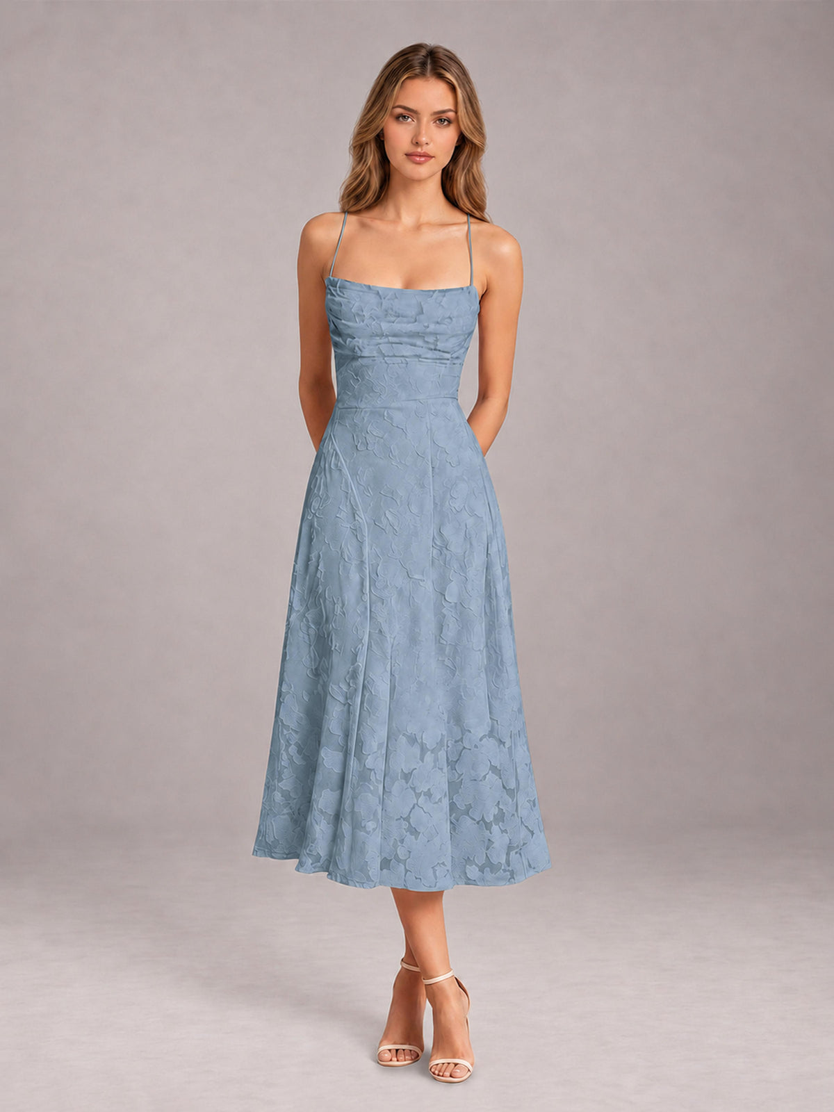 Dusty Blue A-Line/Princess Spaghetti Strap Sleeveless Floral Lace Tea-Length Bridesmaid Dress