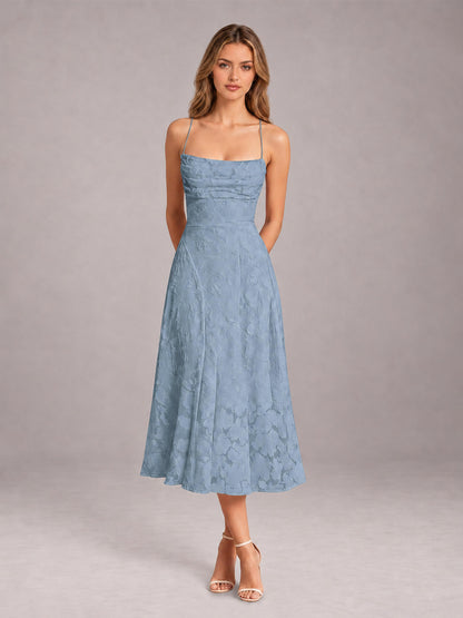 Dusty Blue A-Line/Princess Spaghetti Strap Sleeveless Floral Lace Tea-Length Bridesmaid Dress